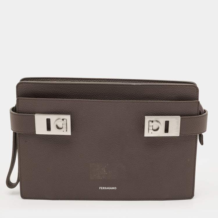 Pre Owned Salvatore Ferragamo Hug Dark Beige Leather Clutch