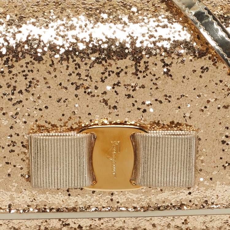 Pre Owned Salvatore Ferragamo Vara Bow Gold Glitter and Patent Leather Top Handle Bag