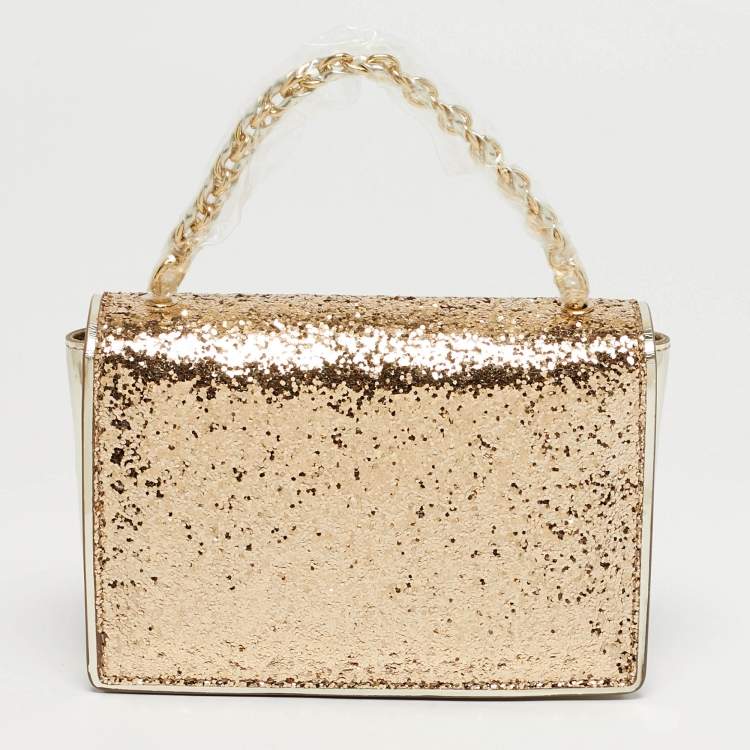 Pre Owned Salvatore Ferragamo Vara Bow Gold Glitter and Patent Leather Top Handle Bag