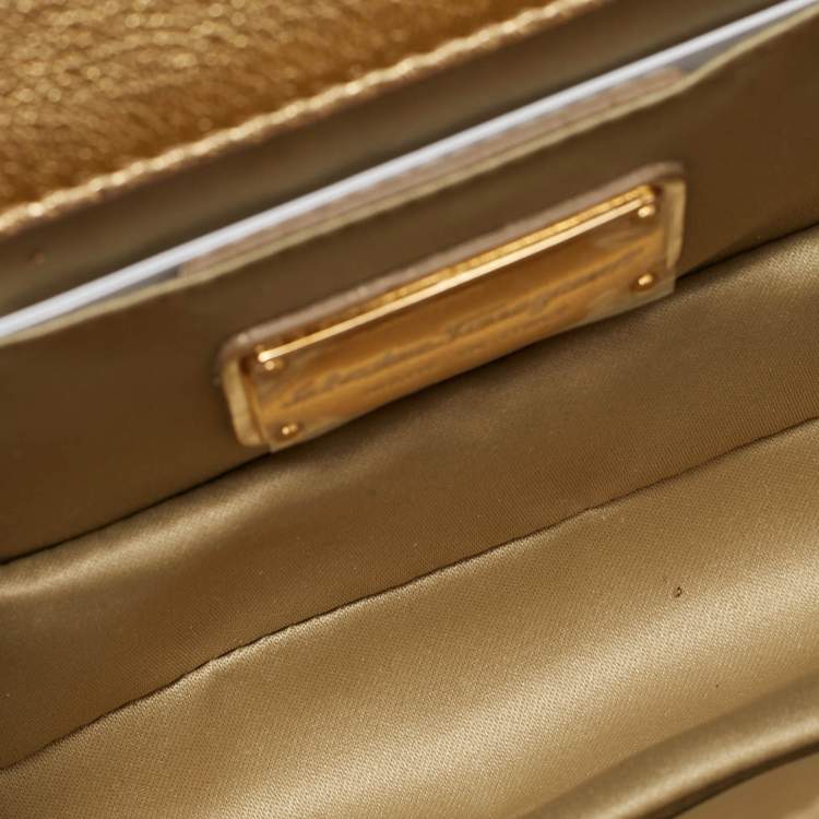 Pre Owned Salvatore Ferragamo Vara Bow Gold Glitter and Patent Leather Top Handle Bag