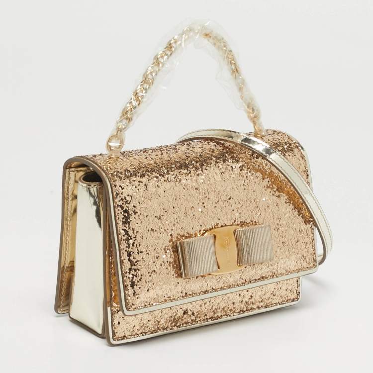 Pre Owned Salvatore Ferragamo Vara Bow Gold Glitter and Patent Leather Top Handle Bag