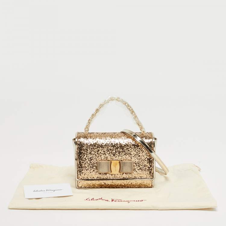 Pre Owned Salvatore Ferragamo Vara Bow Gold Glitter and Patent Leather Top Handle Bag