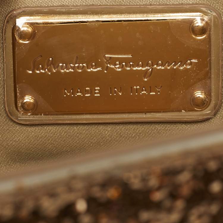 Pre Owned Salvatore Ferragamo Vara Bow Gold Glitter and Patent Leather Top Handle Bag