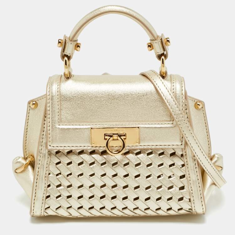 Pre Owned Salvatore Ferragamo Metallic Gold Leather Top Handle Bag