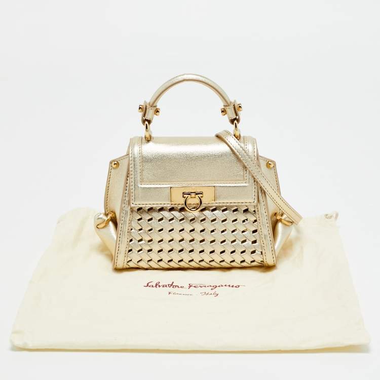 Pre Owned Salvatore Ferragamo Metallic Gold Leather Top Handle Bag