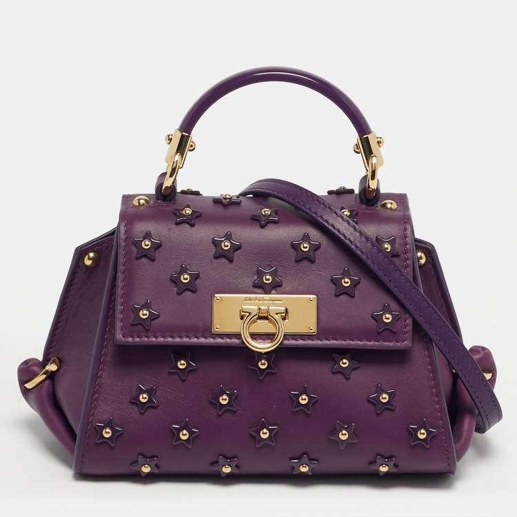 Pre Owned Salvatore Ferragamo Sofia Mini Purple Leather Star Embellished Top Handle Bag