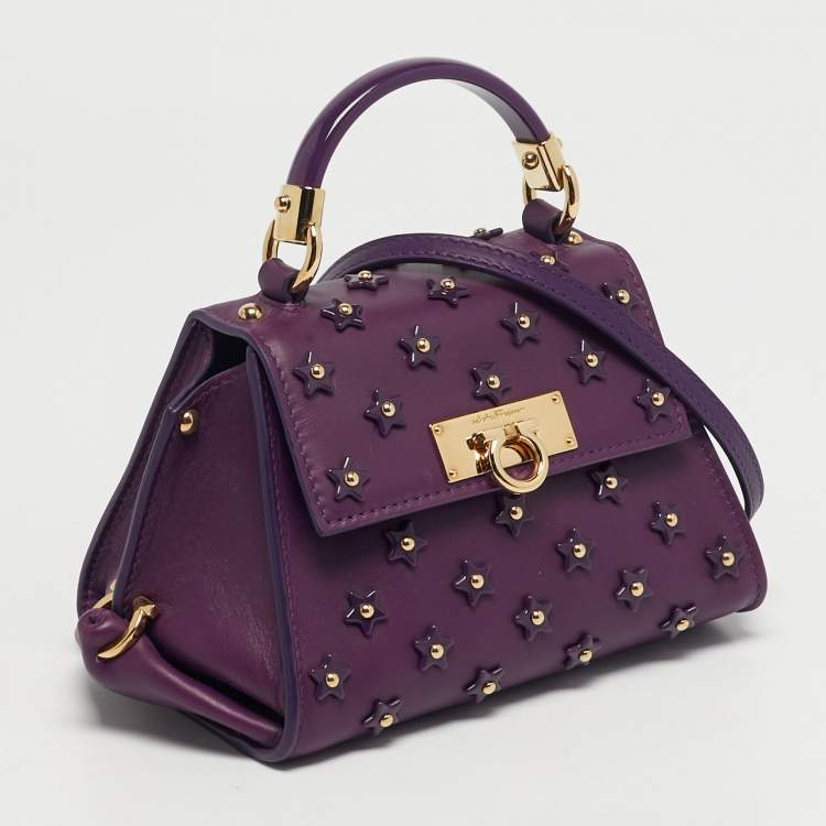 Pre Owned Salvatore Ferragamo Sofia Mini Purple Leather Star Embellished Top Handle Bag