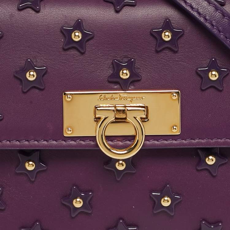 Pre Owned Salvatore Ferragamo Sofia Mini Purple Leather Star Embellished Top Handle Bag