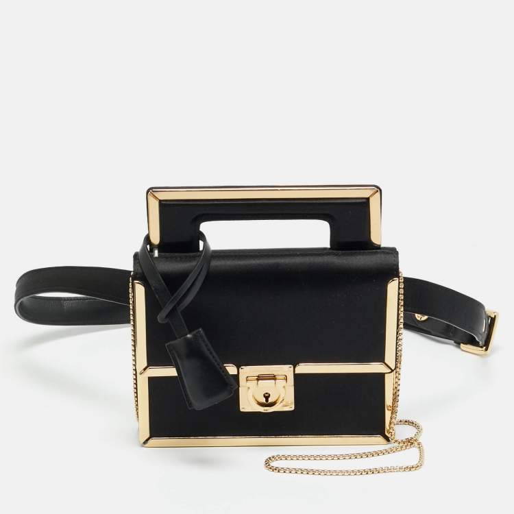Pre Owned Salvatore Ferragamo Aileen Frame Black Satin Chain/Belt Bag