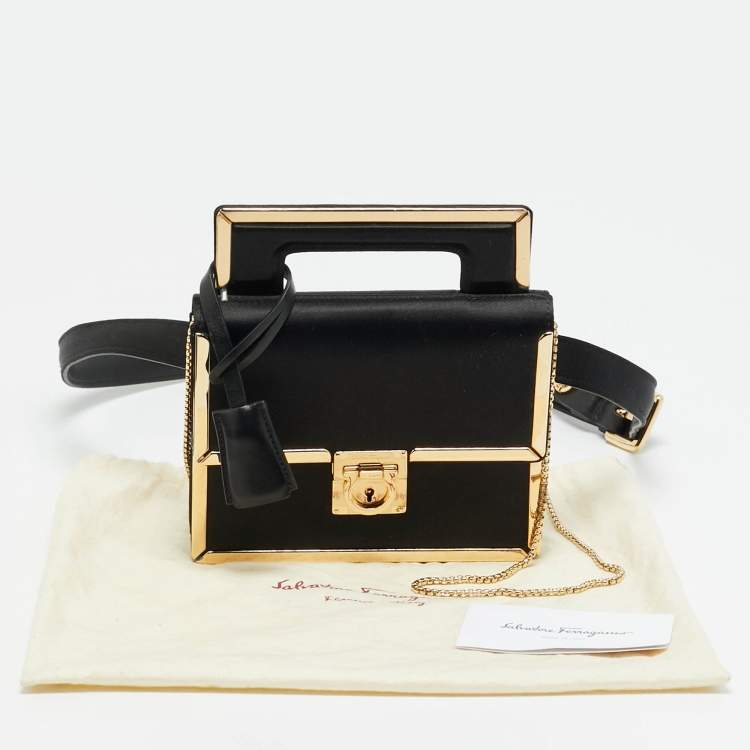 Pre Owned Salvatore Ferragamo Aileen Frame Black Satin Chain/Belt Bag