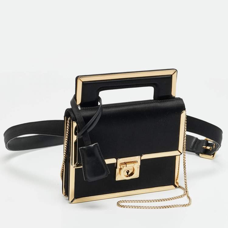 Pre Owned Salvatore Ferragamo Aileen Frame Black Satin Chain/Belt Bag