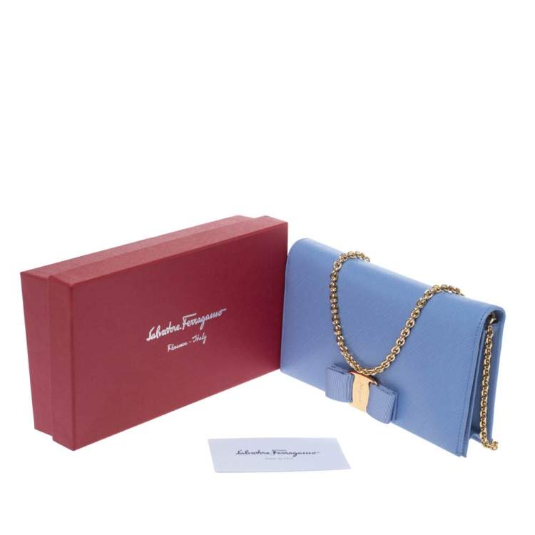 Pre Owned Salvatore Ferragamo Light Blue Leather Miss Vara Wallet On Chain