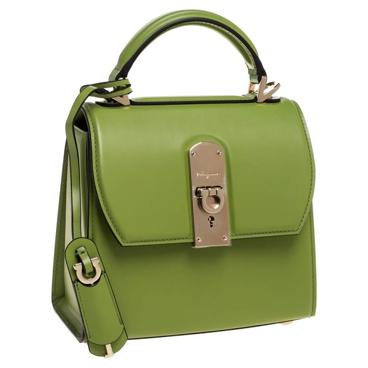 Pre Owned Salvatore Ferragamo Green Leather Small Boxyz Top Handle Bag