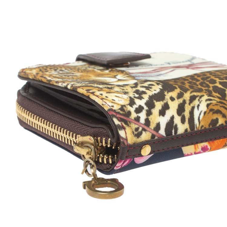 Pre Owned Salvatore Ferragamo Multicolor Jungle Print Fabric Bifold Compact Wallet