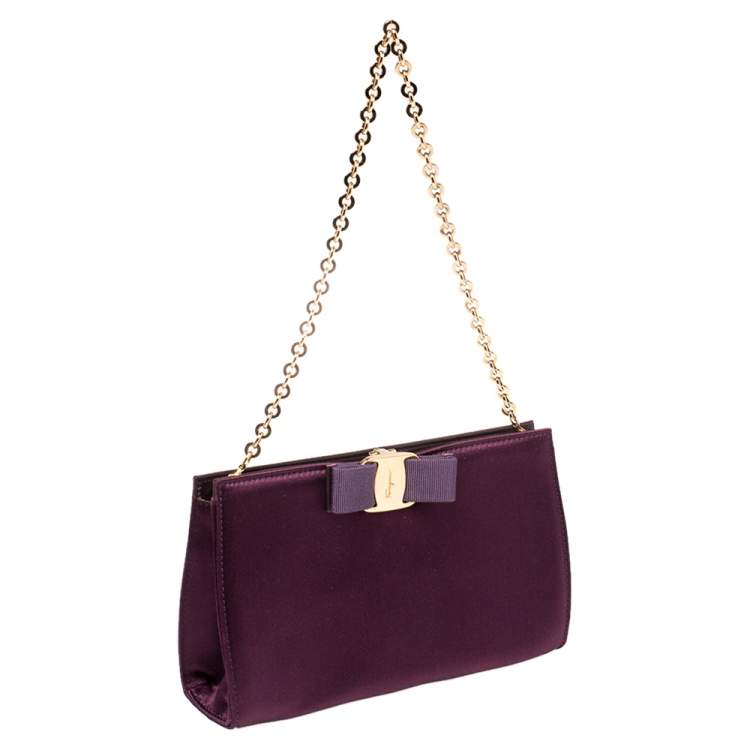 Pre Owned Salvatore Ferragamo Purple Satin Vera Piuma Chain Clutch