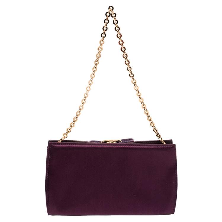 Pre Owned Salvatore Ferragamo Purple Satin Vera Piuma Chain Clutch
