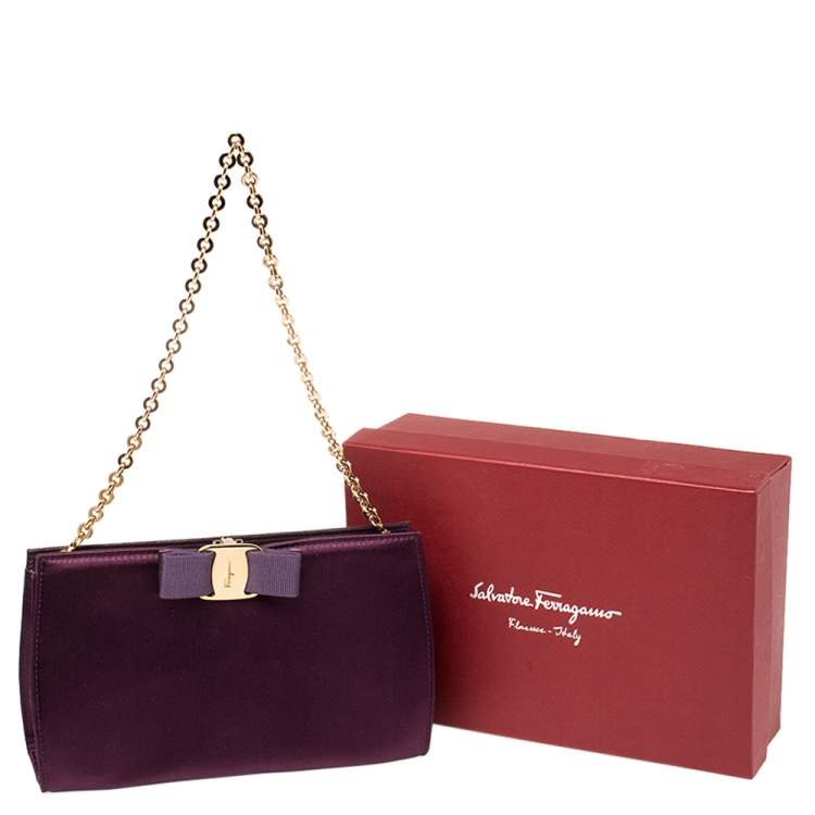Pre Owned Salvatore Ferragamo Purple Satin Vera Piuma Chain Clutch