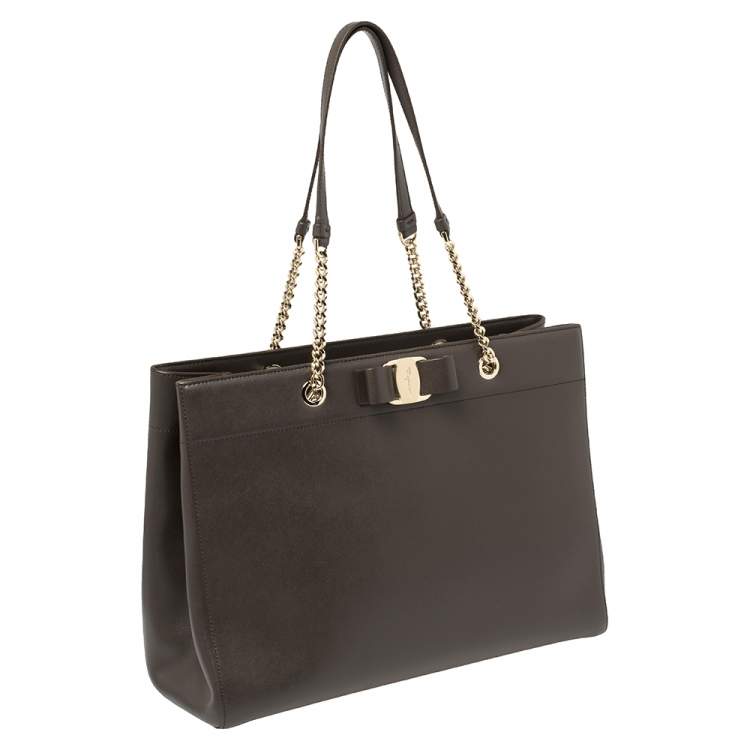 Pre Owned Salvatore Ferragamo Dark Brown Leather Vara Bow Double Handle Tote