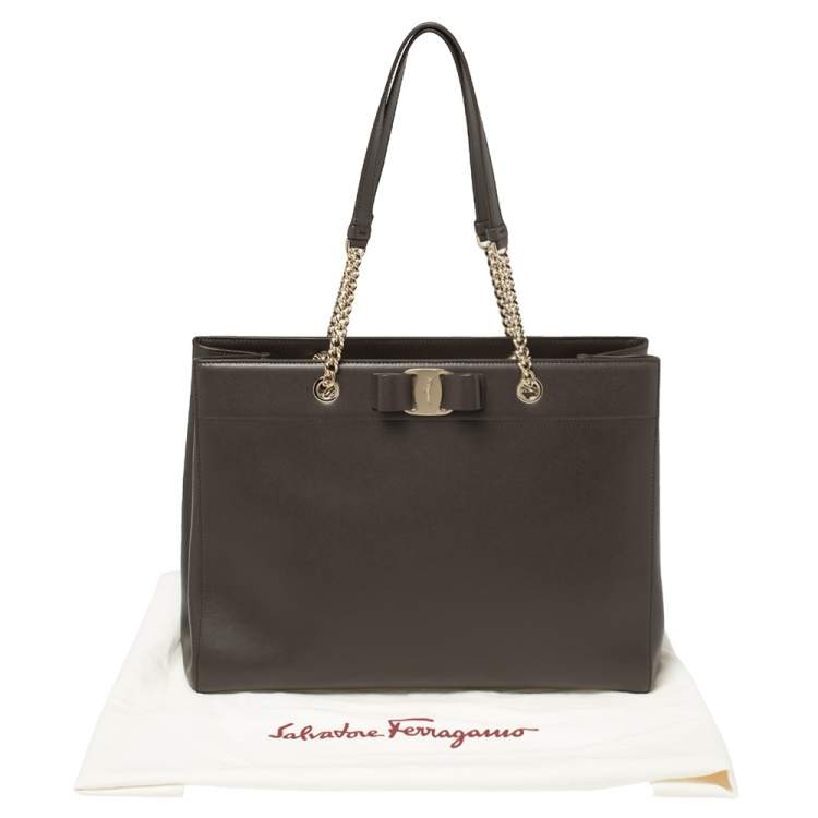 Pre Owned Salvatore Ferragamo Dark Brown Leather Vara Bow Double Handle Tote