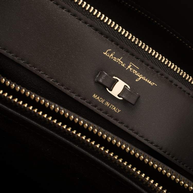 Pre Owned Salvatore Ferragamo Dark Brown Leather Vara Bow Double Handle Tote