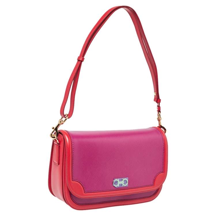 Pre Owned Salvatore Ferragamo Purple/Red Leather Flap Shoulder Bag