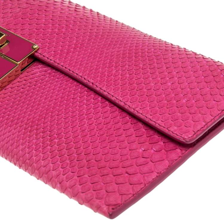 Pre Owned Salvatore Ferragamo Pink Snakeskin Flap Clutch