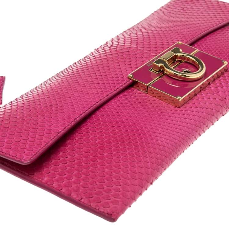 Pre Owned Salvatore Ferragamo Pink Snakeskin Flap Clutch