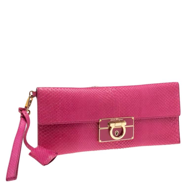 Pre Owned Salvatore Ferragamo Pink Snakeskin Flap Clutch