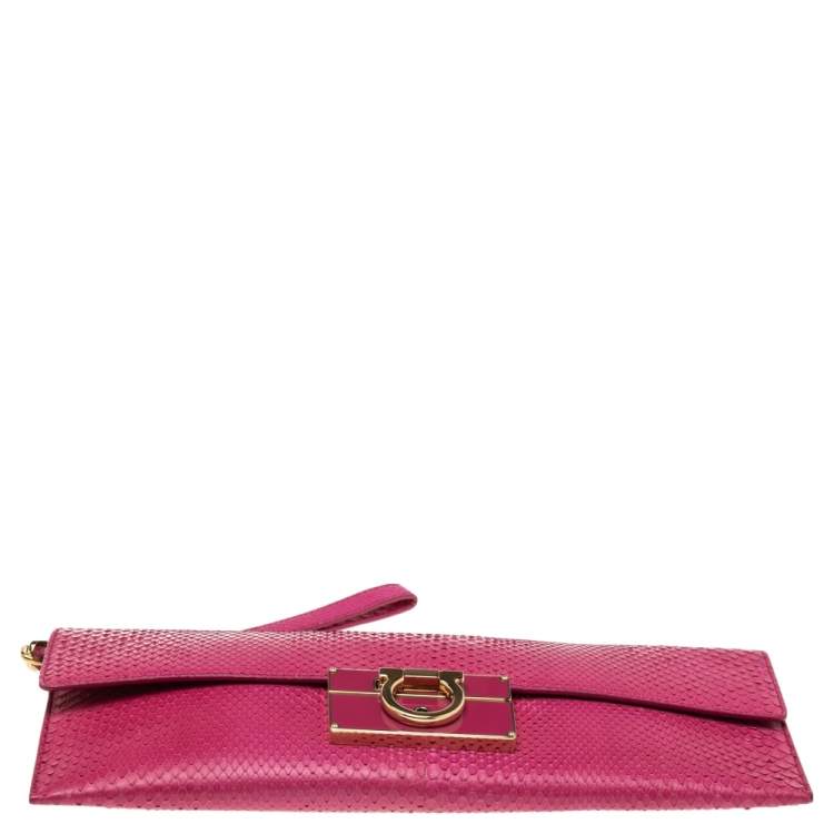 Pre Owned Salvatore Ferragamo Pink Snakeskin Flap Clutch