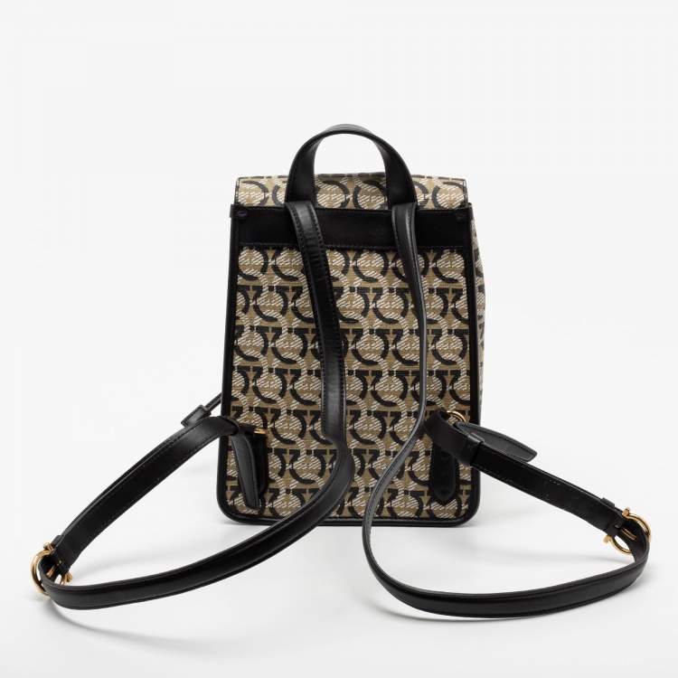 Pre Owned Salvatore Ferragamo Beige/Black Monogram Coated Canvas And Leather Backpack