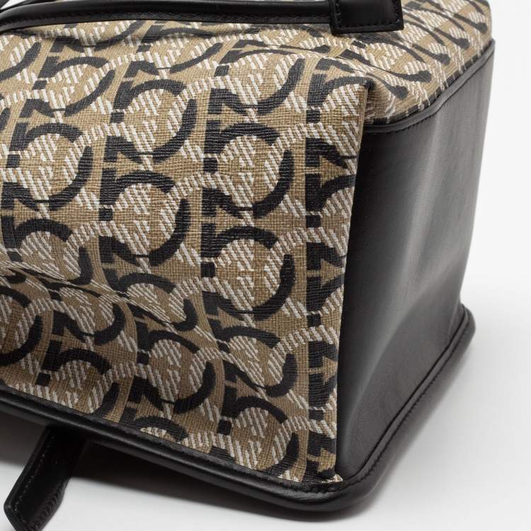 Pre Owned Salvatore Ferragamo Beige/Black Monogram Coated Canvas And Leather Backpack