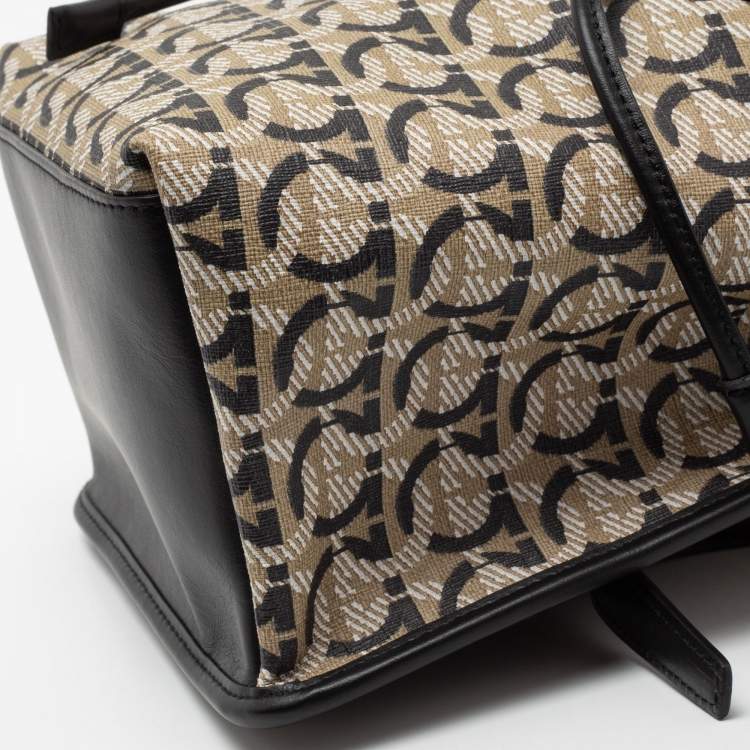 Pre Owned Salvatore Ferragamo Beige/Black Monogram Coated Canvas And Leather Backpack