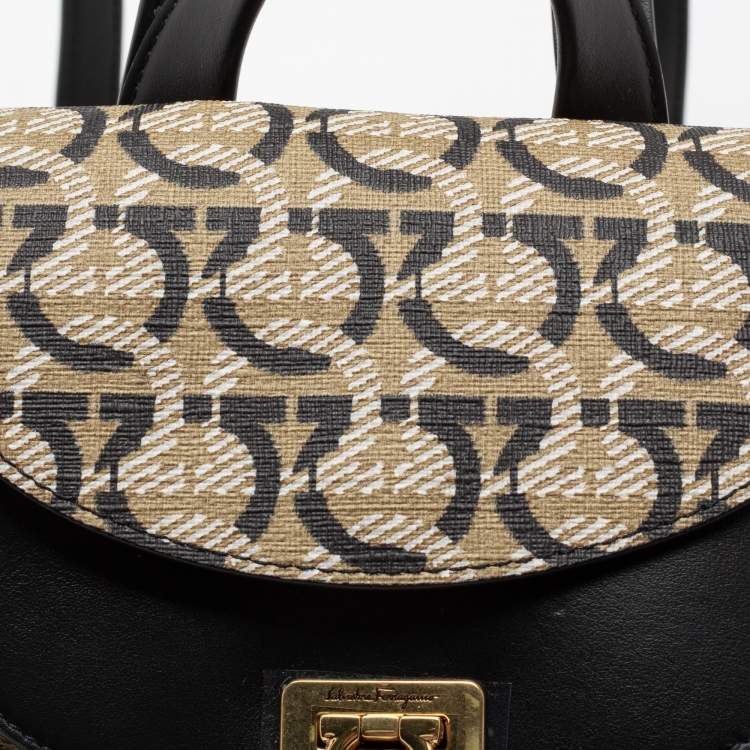 Pre Owned Salvatore Ferragamo Beige/Black Monogram Coated Canvas And Leather Backpack