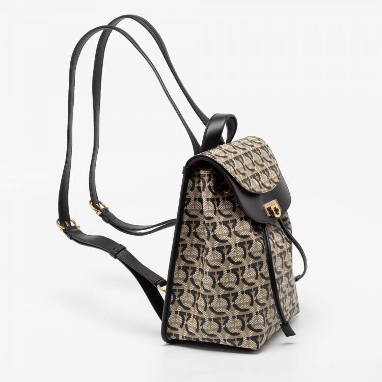 Pre Owned Salvatore Ferragamo Beige/Black Monogram Coated Canvas And Leather Backpack