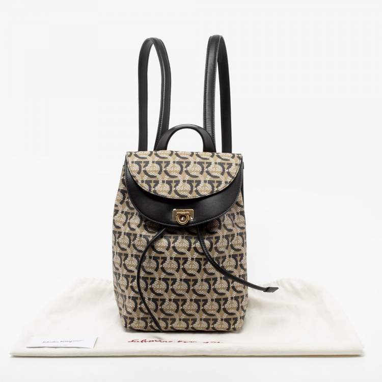 Pre Owned Salvatore Ferragamo Beige/Black Monogram Coated Canvas And Leather Backpack