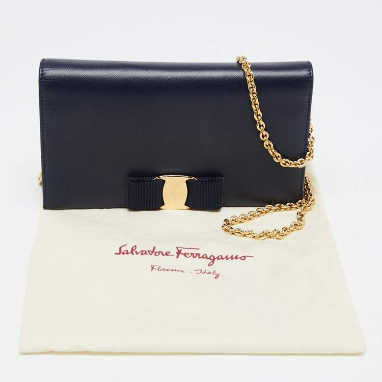Pre Owned Salvatore Ferragamo Navy Blue Leather Miss Vara Wallet on chain 