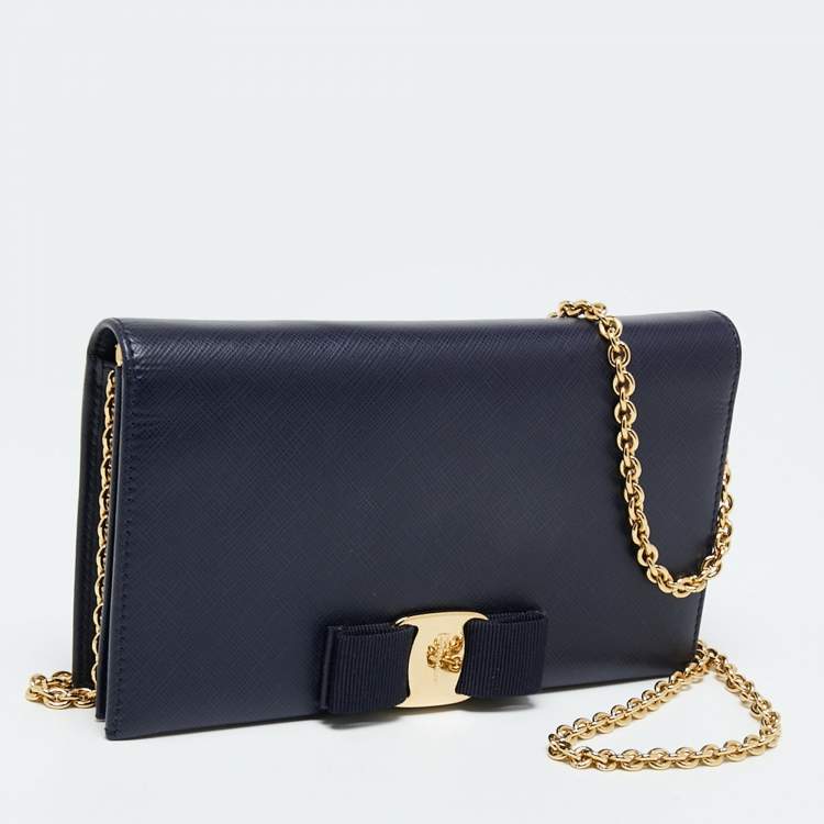 Pre Owned Salvatore Ferragamo Navy Blue Leather Miss Vara Wallet on chain 