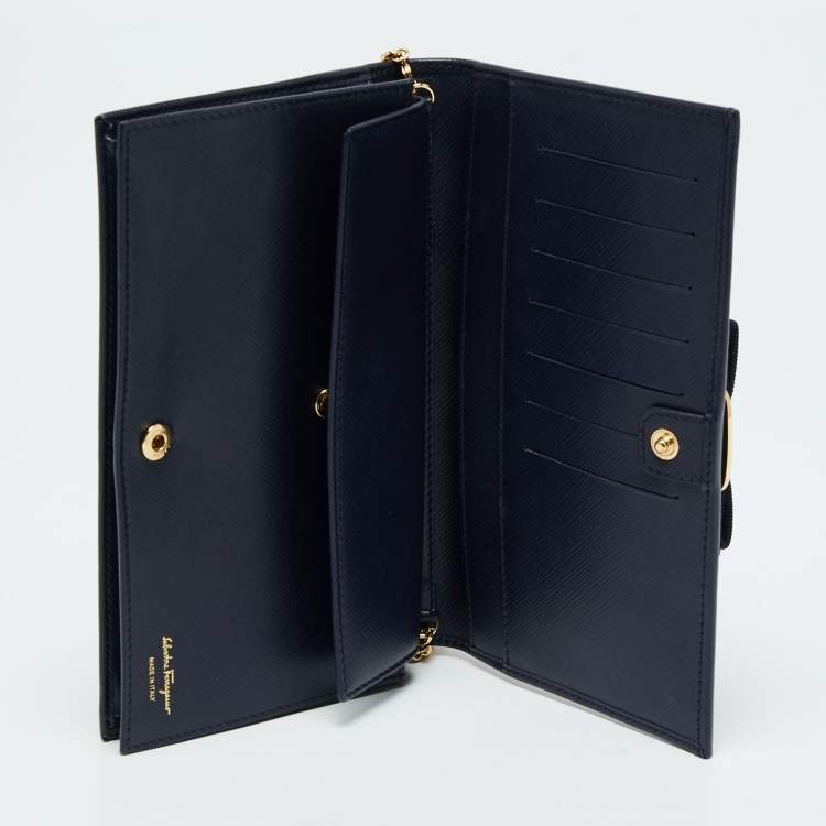 Pre Owned Salvatore Ferragamo Navy Blue Leather Miss Vara Wallet on chain 
