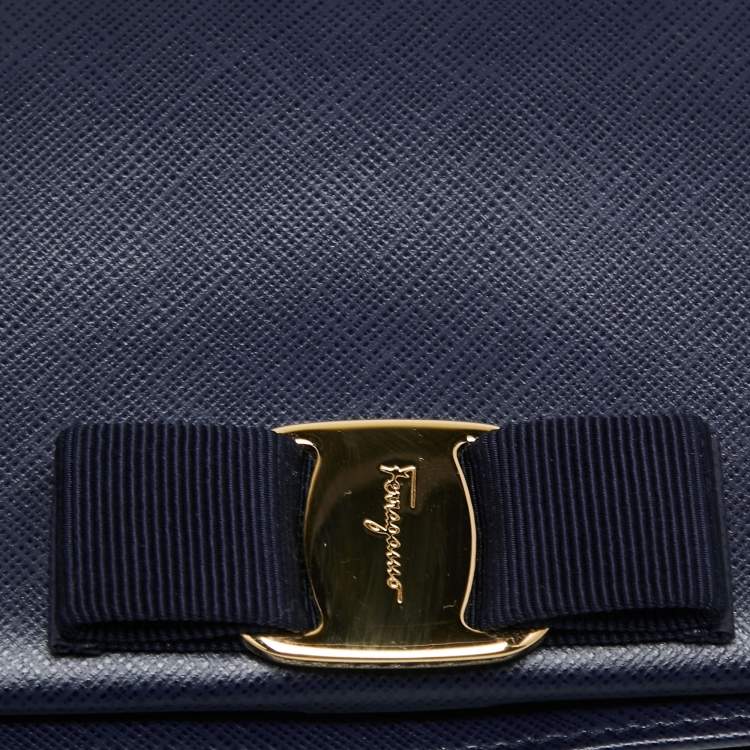 Pre Owned Salvatore Ferragamo Navy Blue Leather Miss Vara Wallet on chain 
