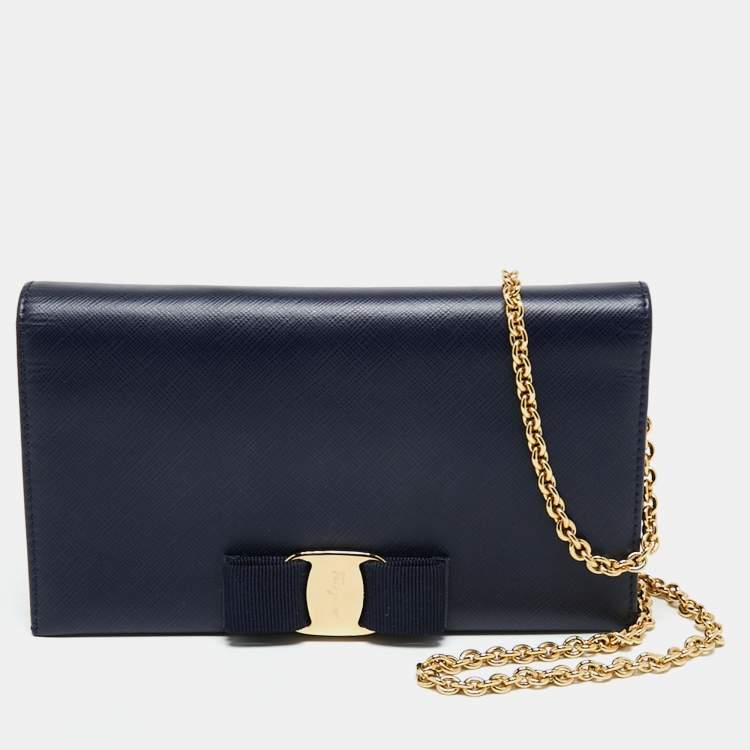 Salvatore Ferragamo Navy Blue Leather Miss Vara Wallet on chain Salvatore Ferragamo The Luxury Closet