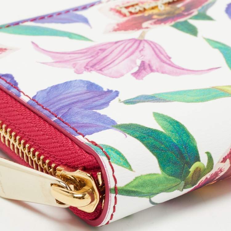 Pre Owned Salvatore Ferragamo Multicolor Floral Print Leather Zip Around Compact Wallet