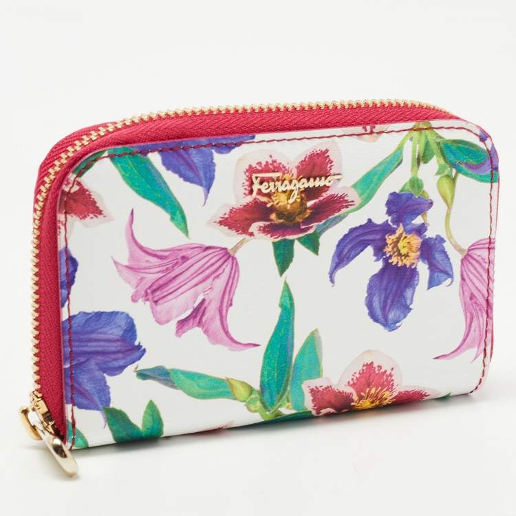 Pre Owned Salvatore Ferragamo Multicolor Floral Print Leather Zip Around Compact Wallet