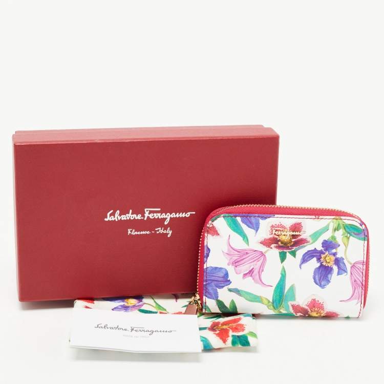 Pre Owned Salvatore Ferragamo Multicolor Floral Print Leather Zip Around Compact Wallet