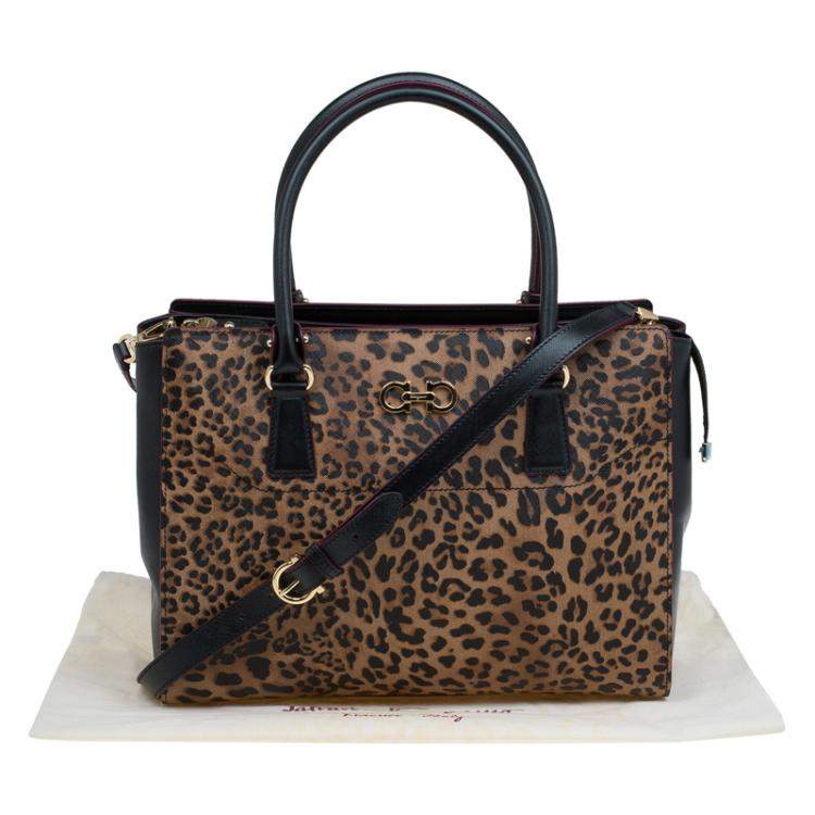 Pre Owned Salvatore Ferragamo Leopard Print Textured Leather Large Beky Tote