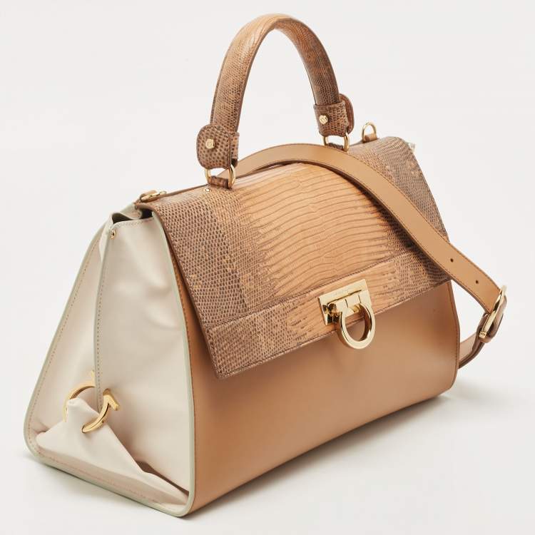 مملوكة مسبقًا Salvatore Ferragamo Beige Lizard and Leather Large Sofia Top Handle Bag