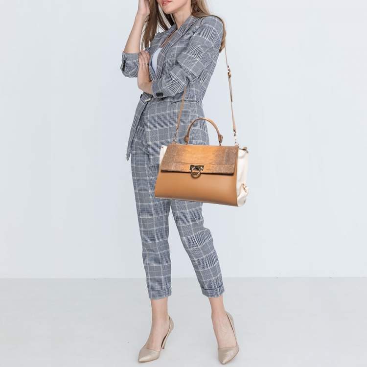 مملوكة مسبقًا Salvatore Ferragamo Beige Lizard and Leather Large Sofia Top Handle Bag