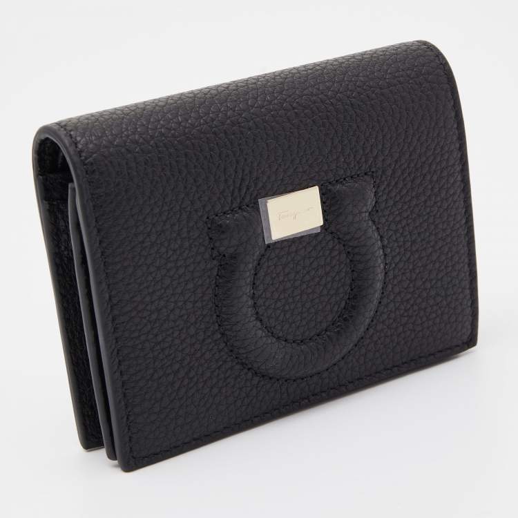Pre Owned Salvatore Ferragamo Black Gancini Embossed Flap Card Case