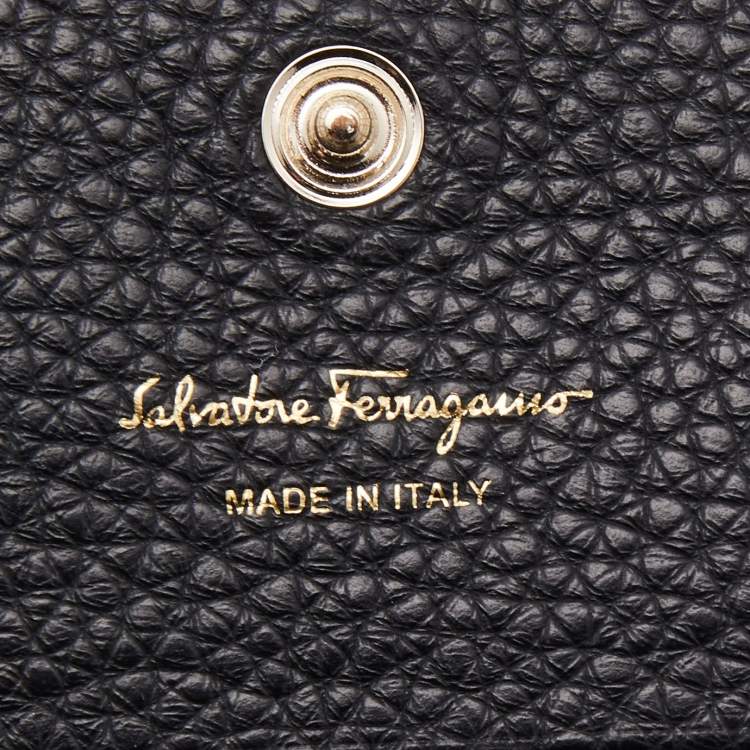 Pre Owned Salvatore Ferragamo Black Gancini Embossed Flap Card Case
