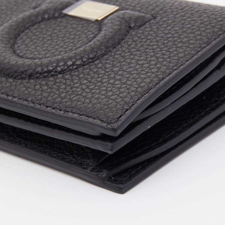 Pre Owned Salvatore Ferragamo Black Gancini Embossed Flap Card Case