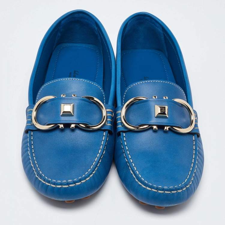 Pre Owned Salvatore Ferragamo Blue Leather Breno Slip On Loafers Size 40